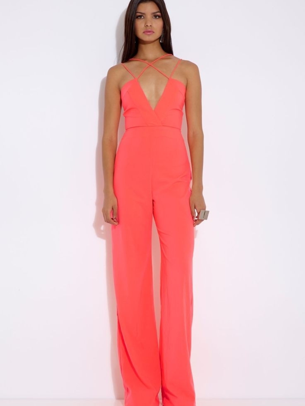 AQ/AQ never worn Neon Coral Strappy V-Neck Jumpsuit